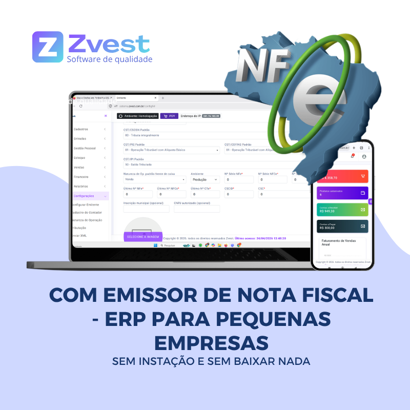 Imagem do ERP online da Zvest com emissor de nota fiscal para pequenas empresas