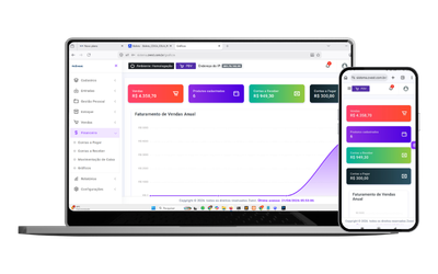 Imagem do sistema Zvest em notebook e celular com painel de vendas, financeiro e contas a receber